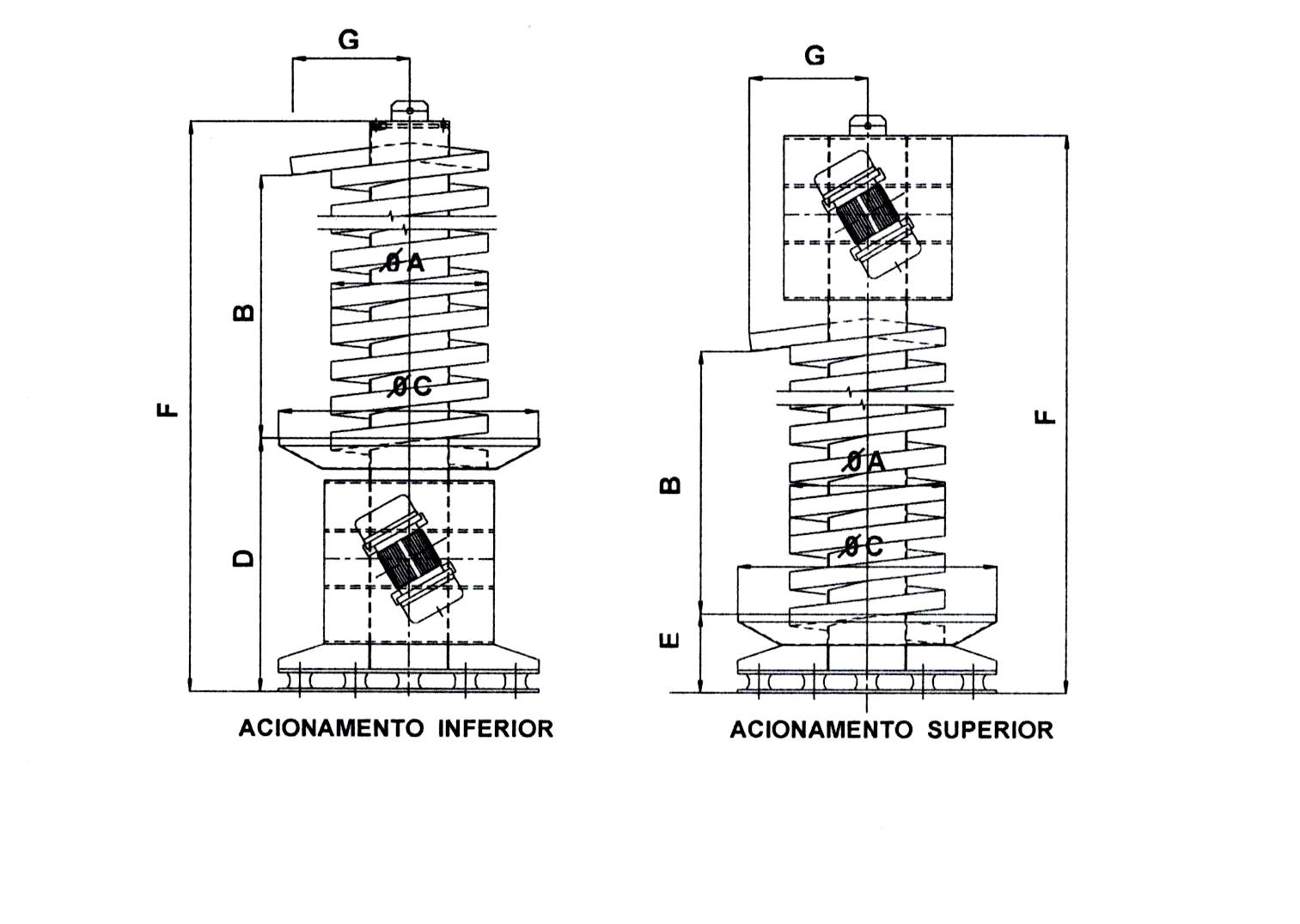 Desenho dimensional — Elevador Espiral (Acionamento inferior e superior)